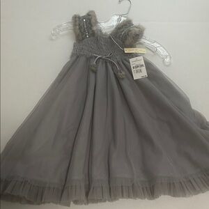 Luna Luna Elegant Gray Kids Dress with Fur Accents Size 4-5